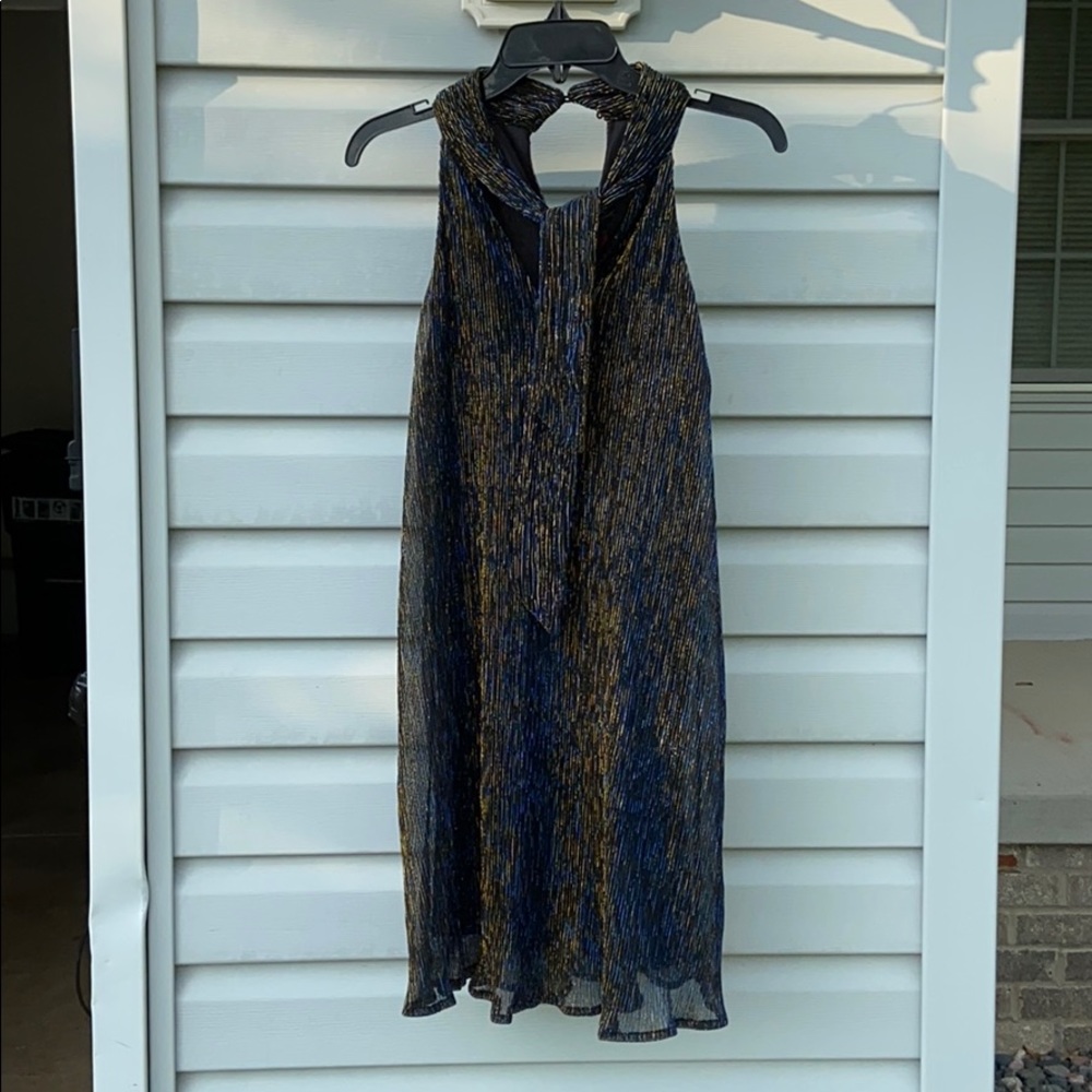 Flirty gold & blue metallic on black party dress